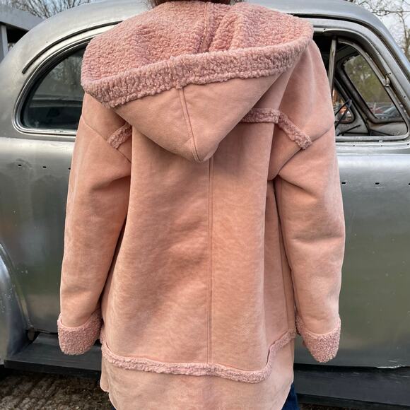 🔥GUESS Faux Sherpa Shearling suede fur Coat Jacket in Rose Pink Outdoor Rugged - Picture 5 of 16